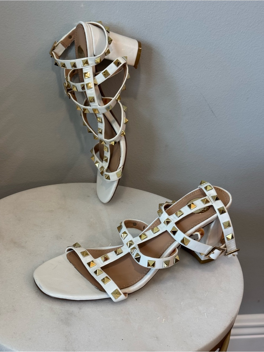 Exe White Studded Strappy Block Heel Sandals